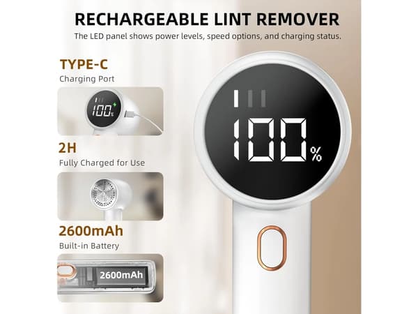 Elektrisk tygrakapparat, USB-uppladdningsbar med digital display White