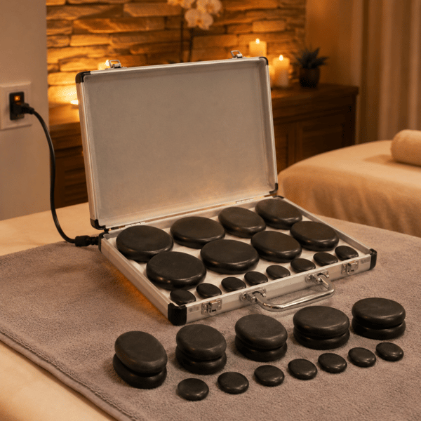 Set med 16 stenar för SPA-massage basalt svarta i etui