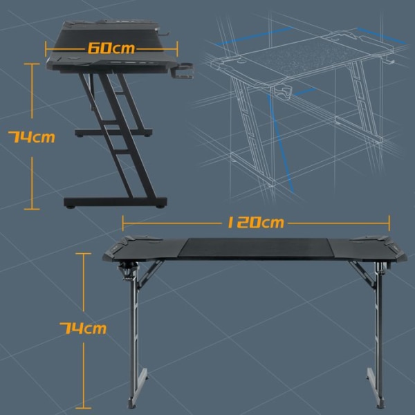 LARS360 spelbord Ergonomiskt spelbord med LED-kolfiberyta med mugghållare, hörlurshållare - 120 x 60