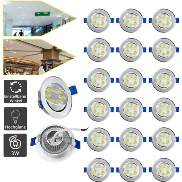 LARS360 20st 3W LED infällda spotlights, aluminium, för badrum, kök, vardagsrum och sovrum, kallvit