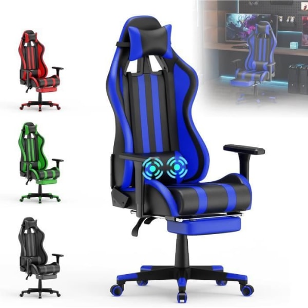 LARS360 Gaming Chair Datorstol med fotstöd, svankstöd och avtagbart nackstöd, ergonomisk, justerbar (blå)