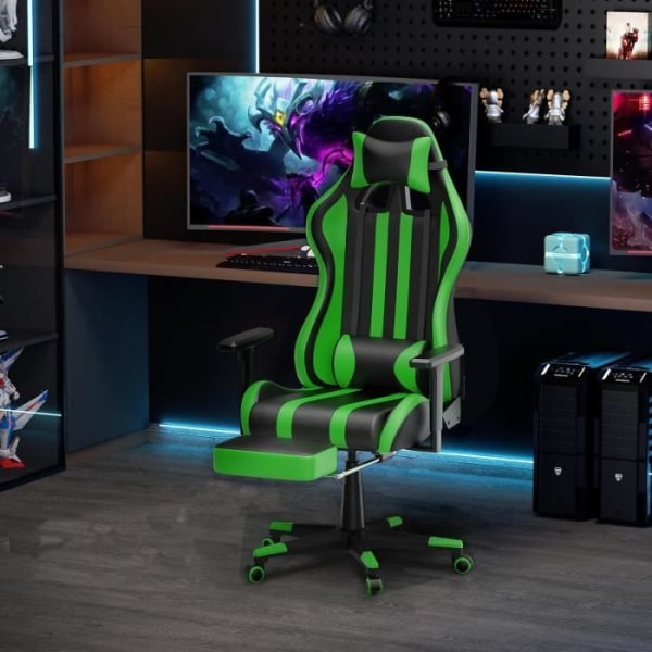 LARS360 Gaming Chair Datorstol med fotstöd, svankstöd och avtagbart nackstöd, ergonomisk, justerbar (grön)