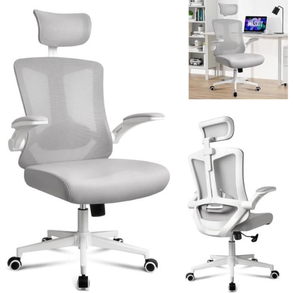LARS360 Ergonomisk stol med justerbart nackstöd och svankstöd, sväng- och låsfunktion, upp till 300 kg (grå)