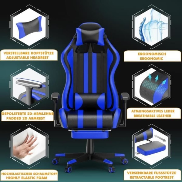 LARS360 Gaming Chair Datorstol med fotstöd, svankstöd och avtagbart nackstöd, ergonomisk, justerbar (blå)
