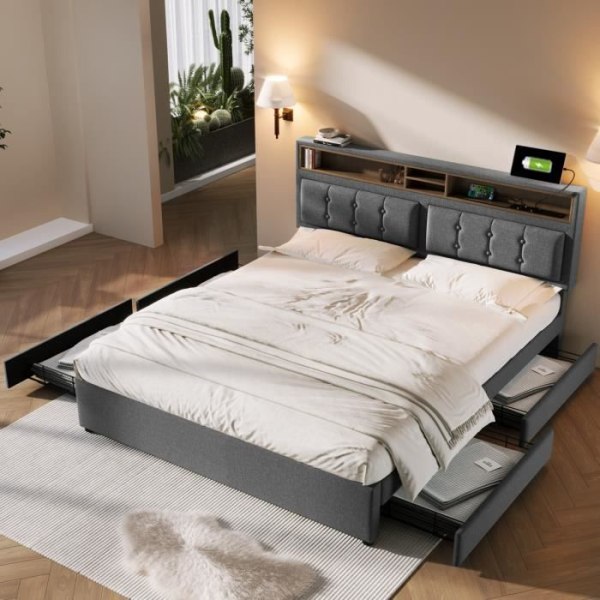 LARS360 Dubbelsäng med 4 lådor &amp; USB-uttag, stoppad säng 140x200cm, höj- och sänkbar sänggavel, med träbotten, Grå
