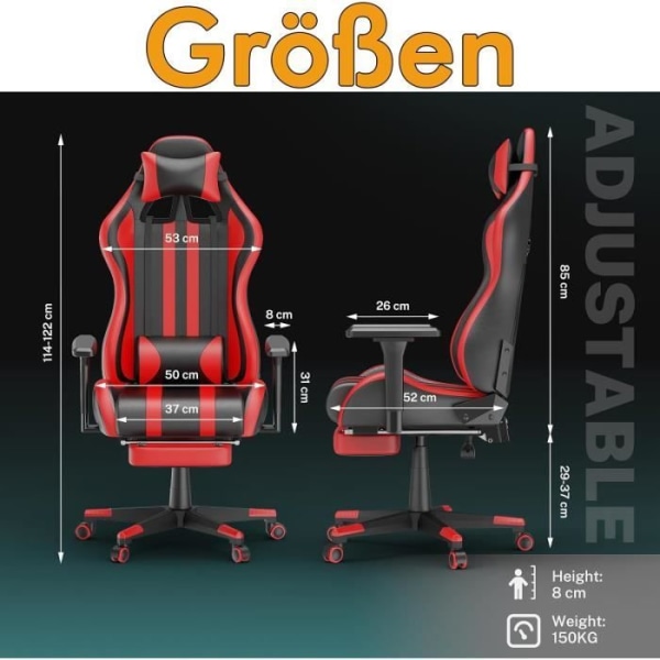 LARS360 Gaming Chair Datorstol med fotstöd, svankstöd och avtagbart nackstöd, ergonomisk (röd)