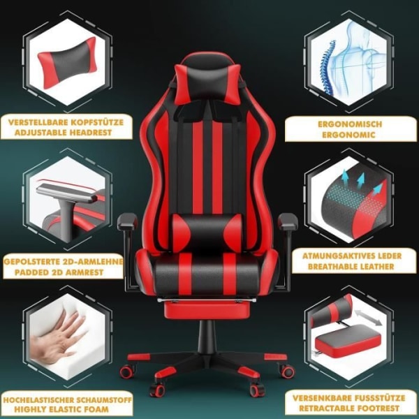 LARS360 Gaming Chair Datorstol med fotstöd, svankstöd och avtagbart nackstöd, ergonomisk (röd)