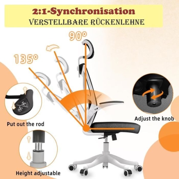 LARS360 Kontorsstol Ergonomisk kontorsstol med justerbart nackstöd och svankstöd, upp till 300 kg belastning (svart)