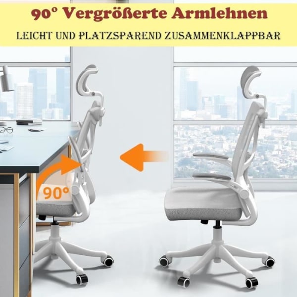 LARS360 Kontorsstol Ergonomisk kontorsstol med justerbart nackstöd och svankstöd, upp till 300 kg belastning (grå)