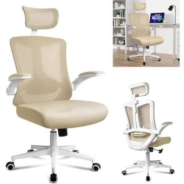 LARS360 Ergonomisk stol med justerbart nackstöd och svankstöd, sväng- och låsfunktion, upp till 300 kg (khaki)