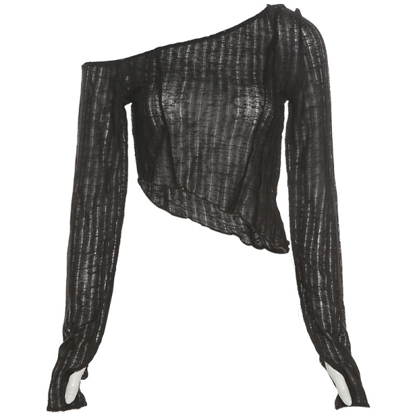 Kvinder Casual Langærmet Uregelmæssig T-shirt Off Oblique Shoulder Black S