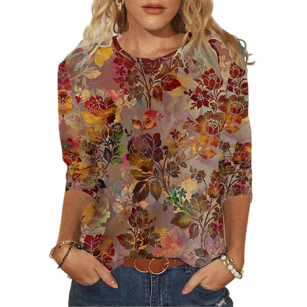 Kvinders printede toppe Blomstermønster Løs Pullover Top Burgundy M