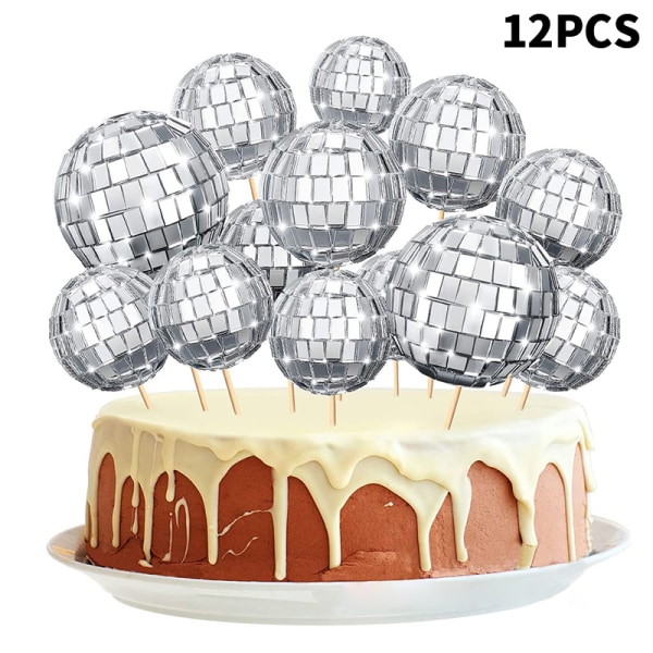 12 kpl Disco Ball Cake Toppers -juhlatarvikkeita Silver