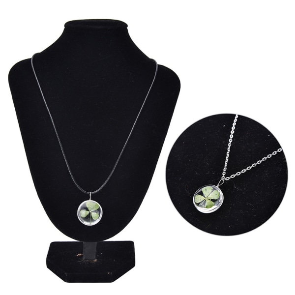 Ægte Grøn Lucky Shamrock Firkløver Runde Pendant Neckla black