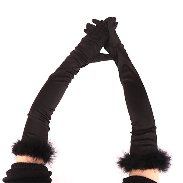 Elastiske Full Finger Silk Satin Cuff Feather Damehansker Black