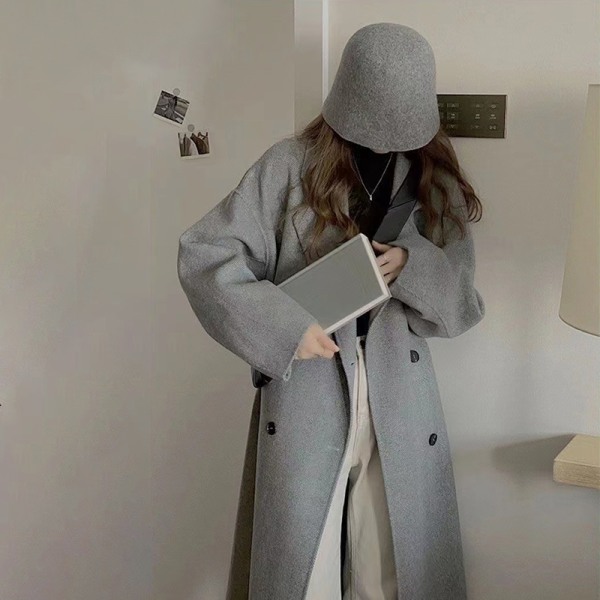 Mode dobbeltradet løs lang uldfrakke til kvinder Gray 2XL