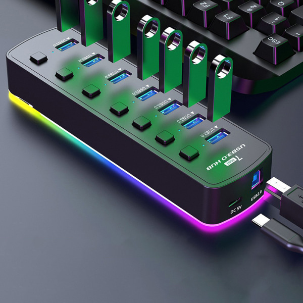 RGB USB 3.0 Hub 7 Ports Data Port Adapter 5Gbps TYPE-C