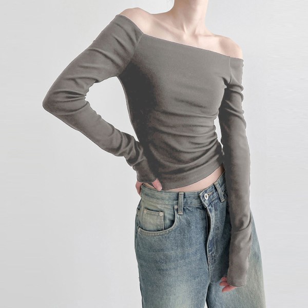 Off-shoulder Elegant langærmet T-shirt til kvinder efterårstøj Black L