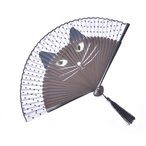 Cat Sarjakuva Silkki Japan Style Käsituulettimet Kädessä pidettävät taitettavat tuulettimet Black
