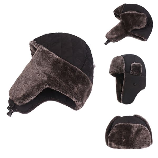 Män Fleece Fodrad Vattentät Vinter Walking Trapper Hat Vindtät Black