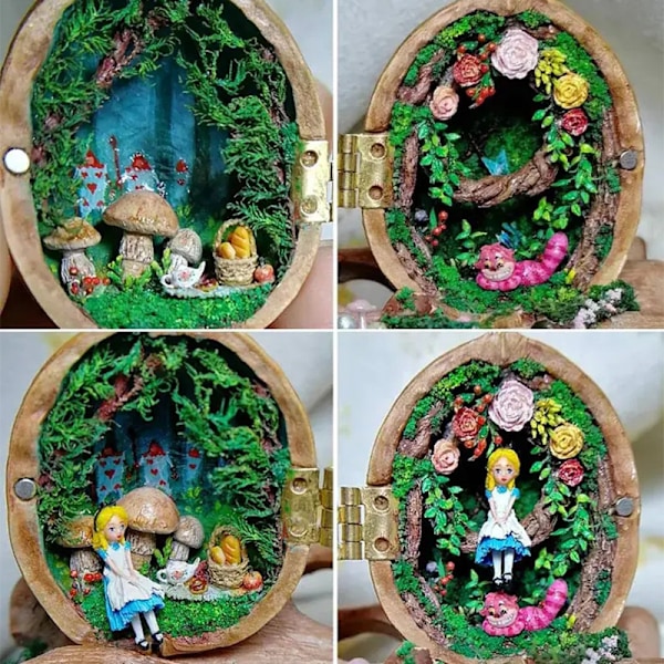 Harpiks valnøddeskal dukkehus Miniature dukkehussæt E
