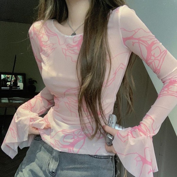 Tie Dye Mesh Toppe Langærmet Grafisk Print Se Through T-shirt Pink 2XL