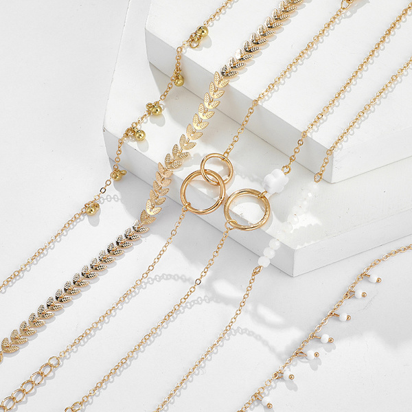 6 stk/sæt Boho armbånd sæt kvinder kvaster blade cirkulære kæder Gold