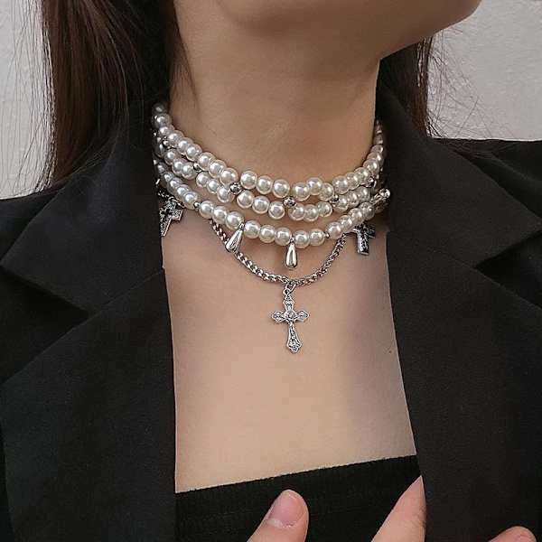 Fashion Multi-Layered Pearl Cross Pendant Halsband Smycken Gåvor one size