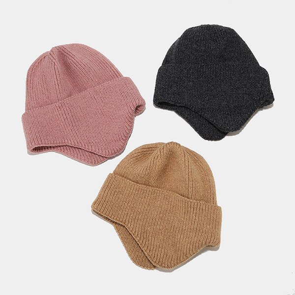 Vinter Uldstrikket Hue Beanies Caps Ørebeskyttelseshat Beige