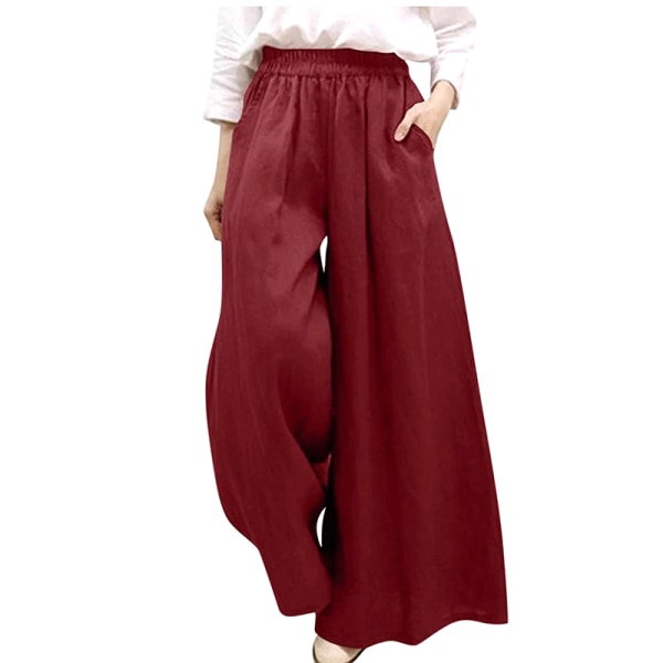Naisten joustava vyötärö, yksiväriset löysät casual leveät housut Burgundy S