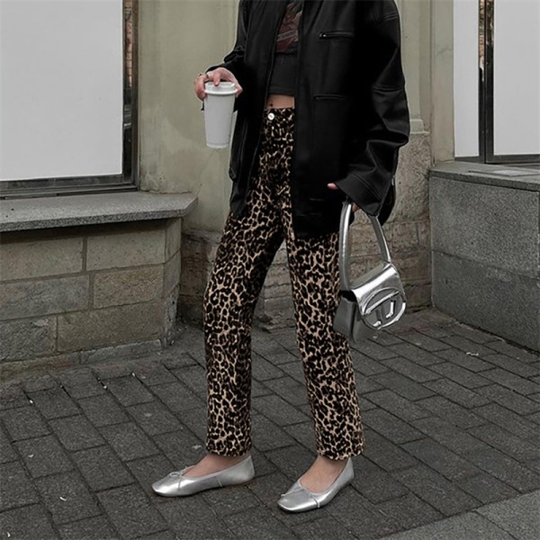 Dame jeans Tan Leopard Jeans Bukser Talje Lige bukser leopard print S