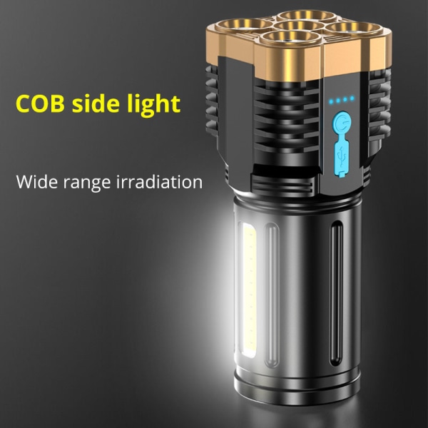 5 LED COB Ficklampa Uppladdningsbar Ficklampa USB Ficklampa Gold 5LED