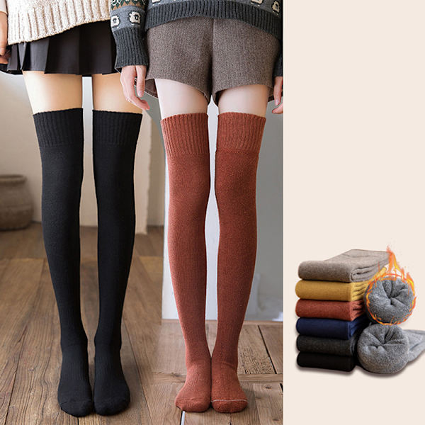 Tykke Lår Høje Strømper Damer Solid Varm Uld Langstrømper Coffee