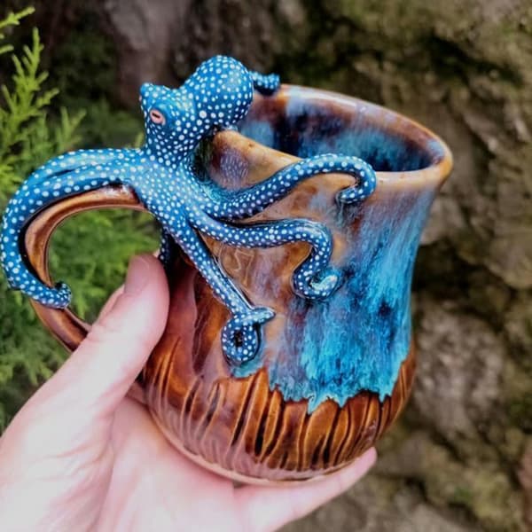 Djupblå Bläckfisk Mugg Handgjord Staty Havsdjur Mugg Nyhet Dr Blue