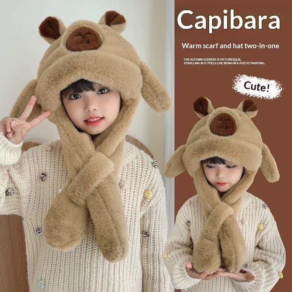 Trendy e Cartoon Capybara Lue Skjerf Vinter Varm Ørebeskyttelse Khaki