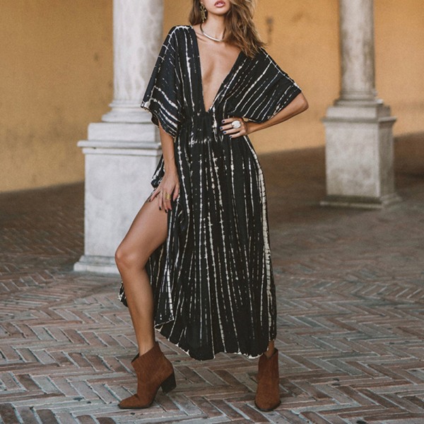 Sexy Stripe Print Deep V Backless Slim Casual kjole for kvinner Black F