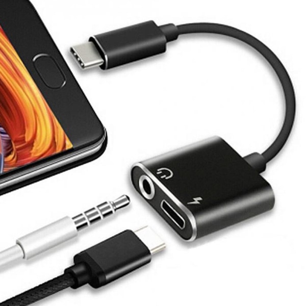 Adapter Charge Headphone 2 in 1 Type-C – 3,5 mm Jack Head Aux o Black