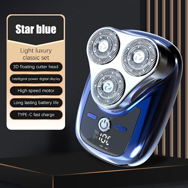 Treblads elektrisk barbermaskin med digital skjerm USB-lading Blue