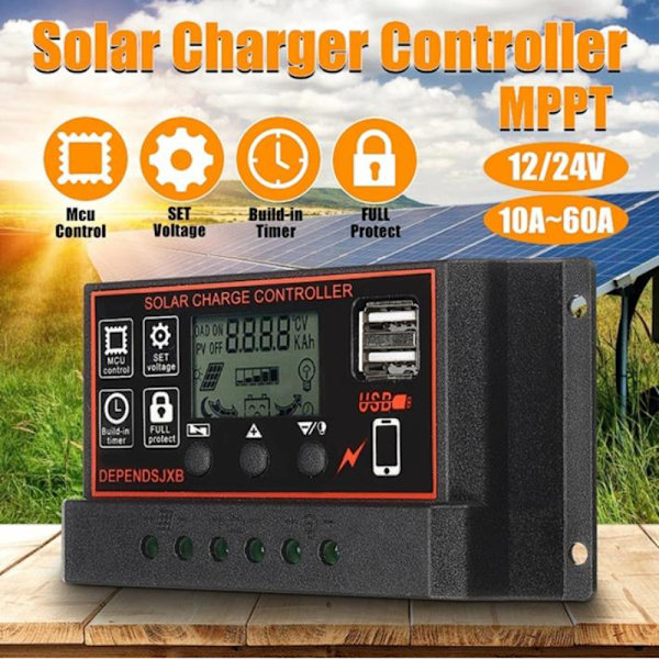 10A-60A MPPT 12V/24V Solar Charger Controller USB Dual Solar Pa Black 30A