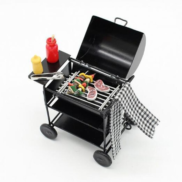 Nukkekodin miniatyyri musta BBQ-grillimalli keittiölelu