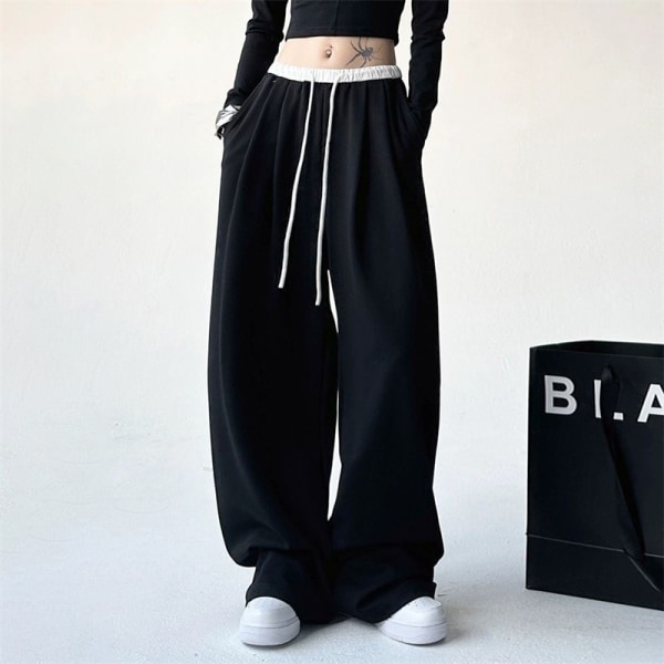 Svarte joggebukser for kvinner Casual Baggy-bukser med brede ben Black 2XL