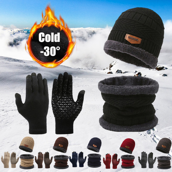 Winter Warm Cap Scarf Glove Herr Thermal vindtät stickad mössa Black
