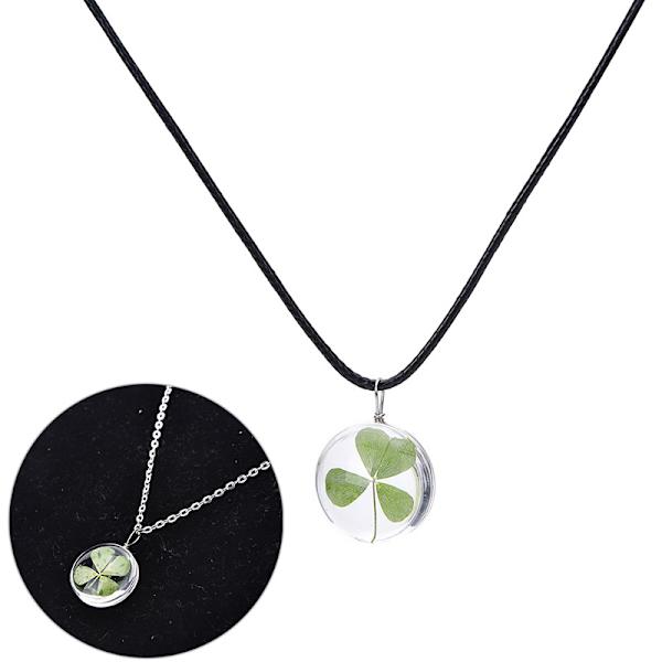 Ægte Grøn Lucky Shamrock Firkløver Runde Pendant Neckla black