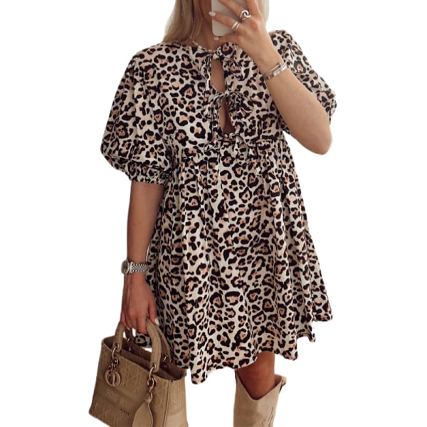 Kvinnor Summer Puff Sleeve Leopard Casual Lös Mini Klänning leopard print L