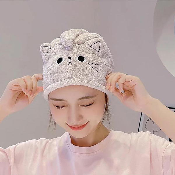 Cat Coral Fleece Hår hurtigtørrende badehætte Gray