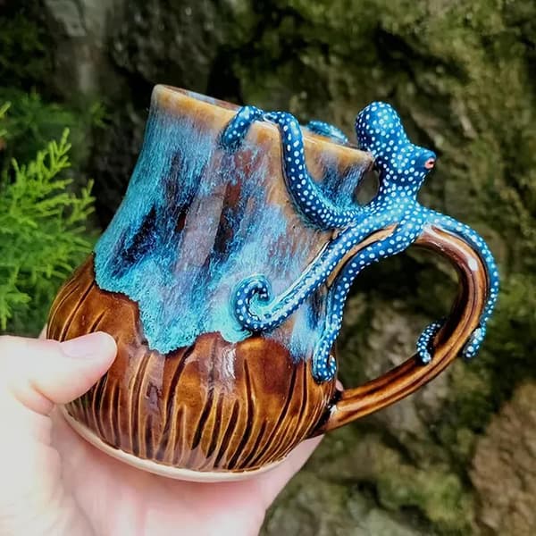 Djupblå Bläckfisk Mugg Handgjord Staty Havsdjur Mugg Nyhet Dr Blue