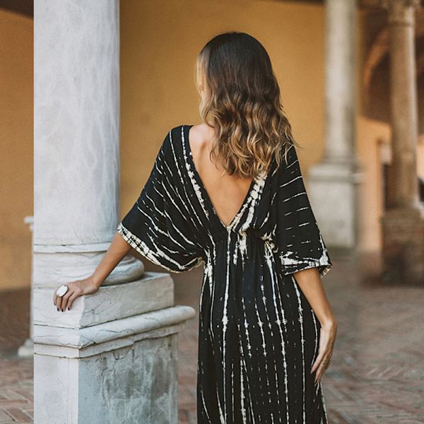Sexy Stripe Print Deep V Backless Slim Casual kjole for kvinner Black F