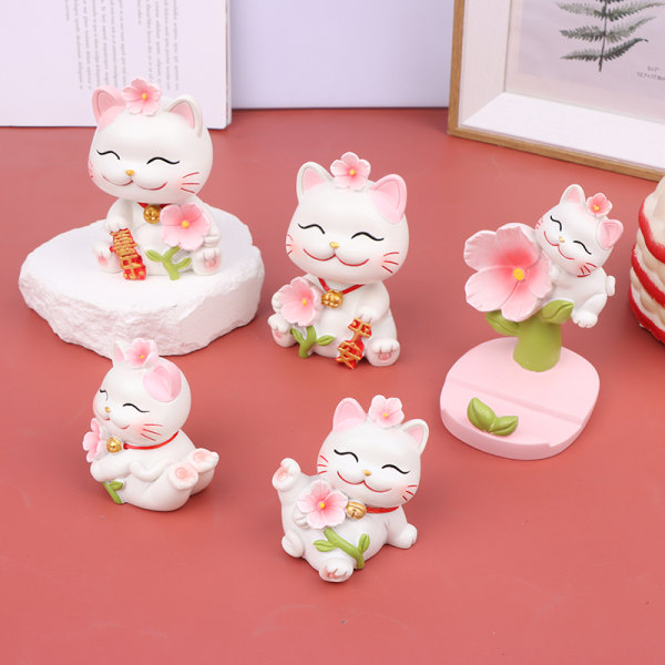 Resin Lucky Cat Ornament Cherry Blossom Cats Telefon Stand Holder E