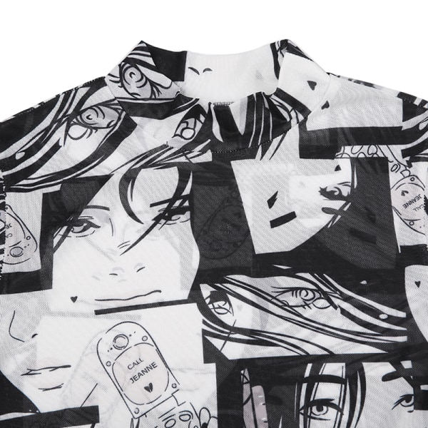 Mesh genomskinlig bodysuit printed handhålsärmad T-shirt Black L