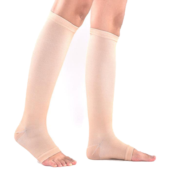 1Pari Compression Socks Jalka Polvi Varicose Open Toe Sukat Nude